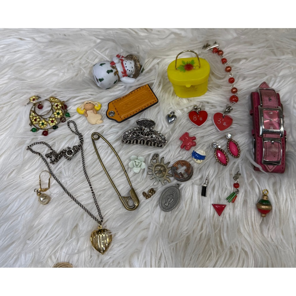 Mixed Jewelry Accessory Lot Vintage Pink Cuff Watch Charms Earrings Pins